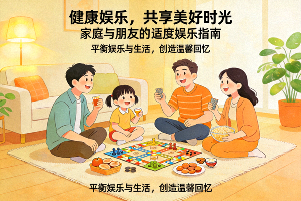 倡导健康娱乐理念的创意图片，包含家庭、朋友一起享受适度娱乐的温馨画面