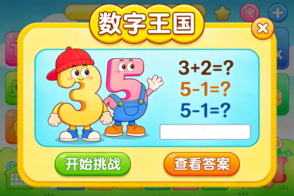 趣味数学教育游戏《数字王国》界面 - 卡通数字角色与数学题目结合
