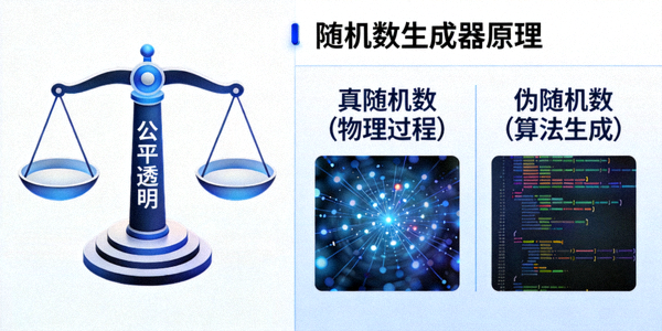 象征公平透明的天平图标和随机数生成器原理说明图