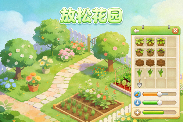 休闲模拟游戏《放松花园》游戏画面 - 美丽的花园与种植界面