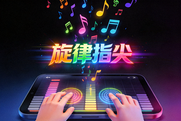 音乐节奏游戏《旋律指尖》演奏画面 - 彩色音符随音乐节奏落下